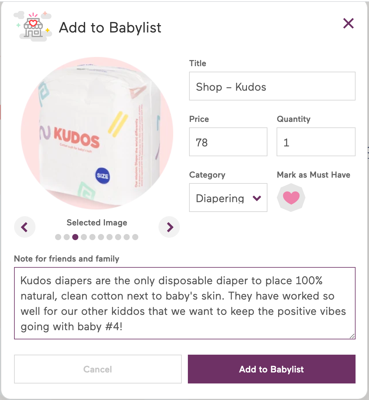 Add Kudos diapers to babylist baby registry
