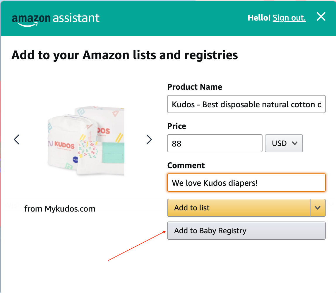 Confirm the details of your preferred Kudos diapers or gift card on Amazon baby registry