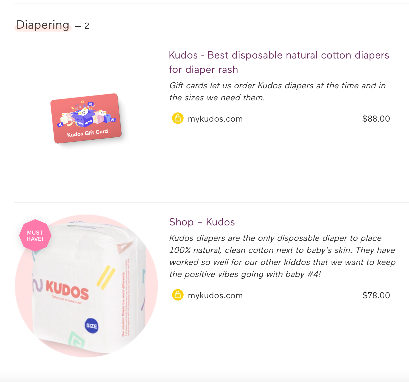 Kudos diapers on a Babylist baby registry