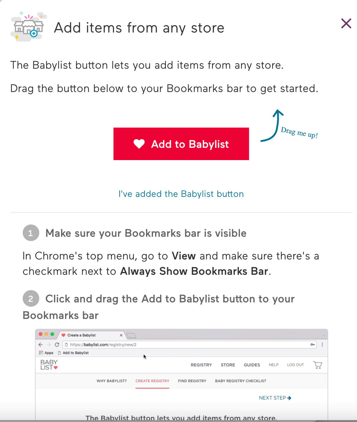 Add to Babylist button for web browser