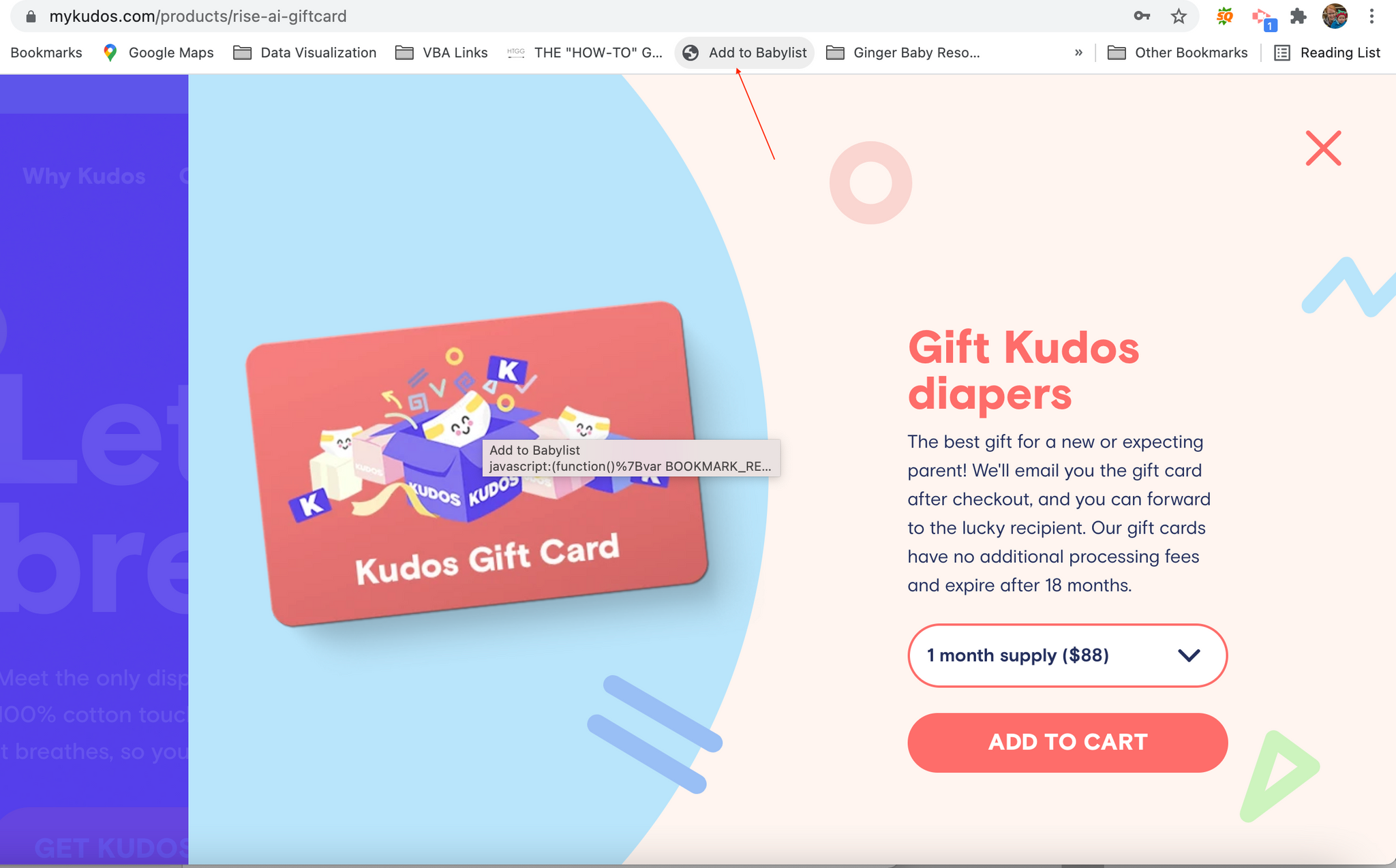 Clicking the add to babylist button to put Kudos diapers on baby registry